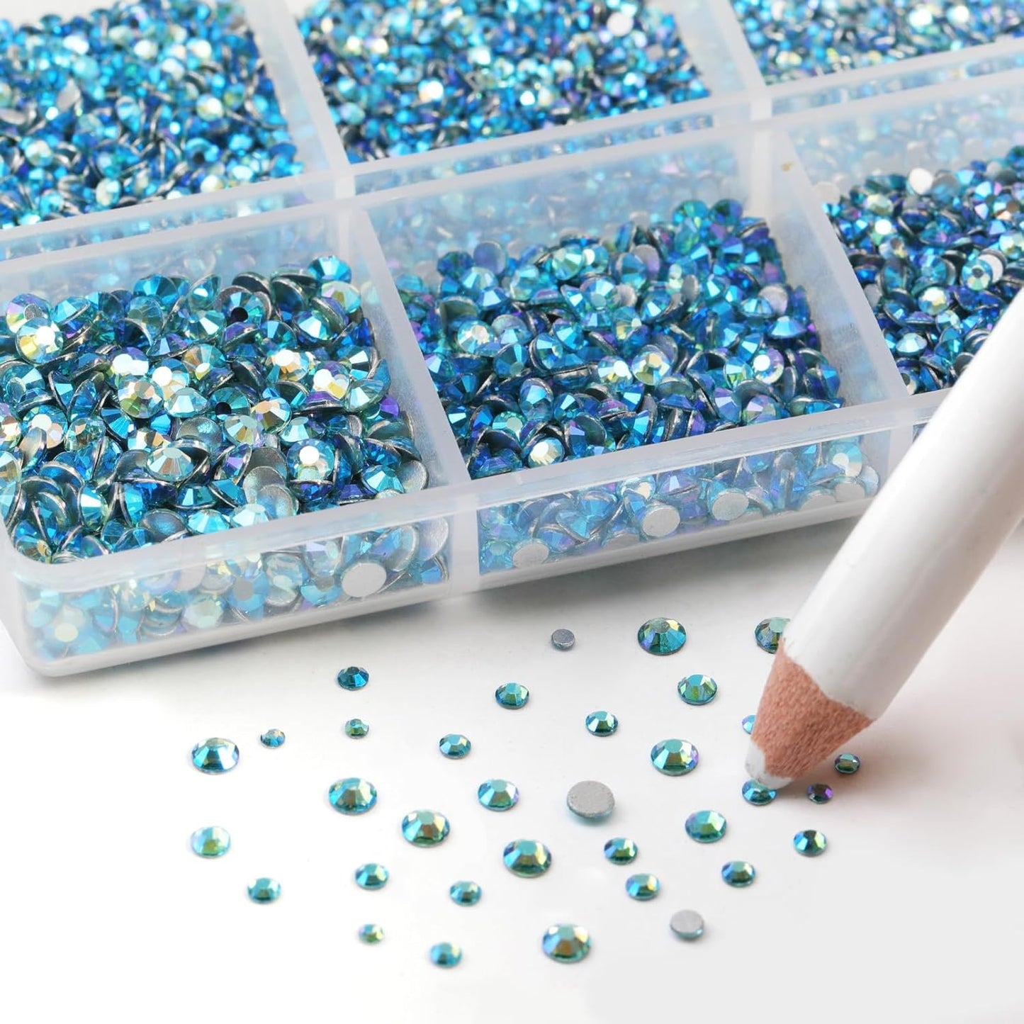 Beadsland 7200pcs Flatback Rhinestones,Blue AB Rhinestone Nail Gems Round Crystal Rhinestones for Crafts,Mixed 6 Sizes with Wax Pencil Kit, SS3-SS10,Aquamarine AB