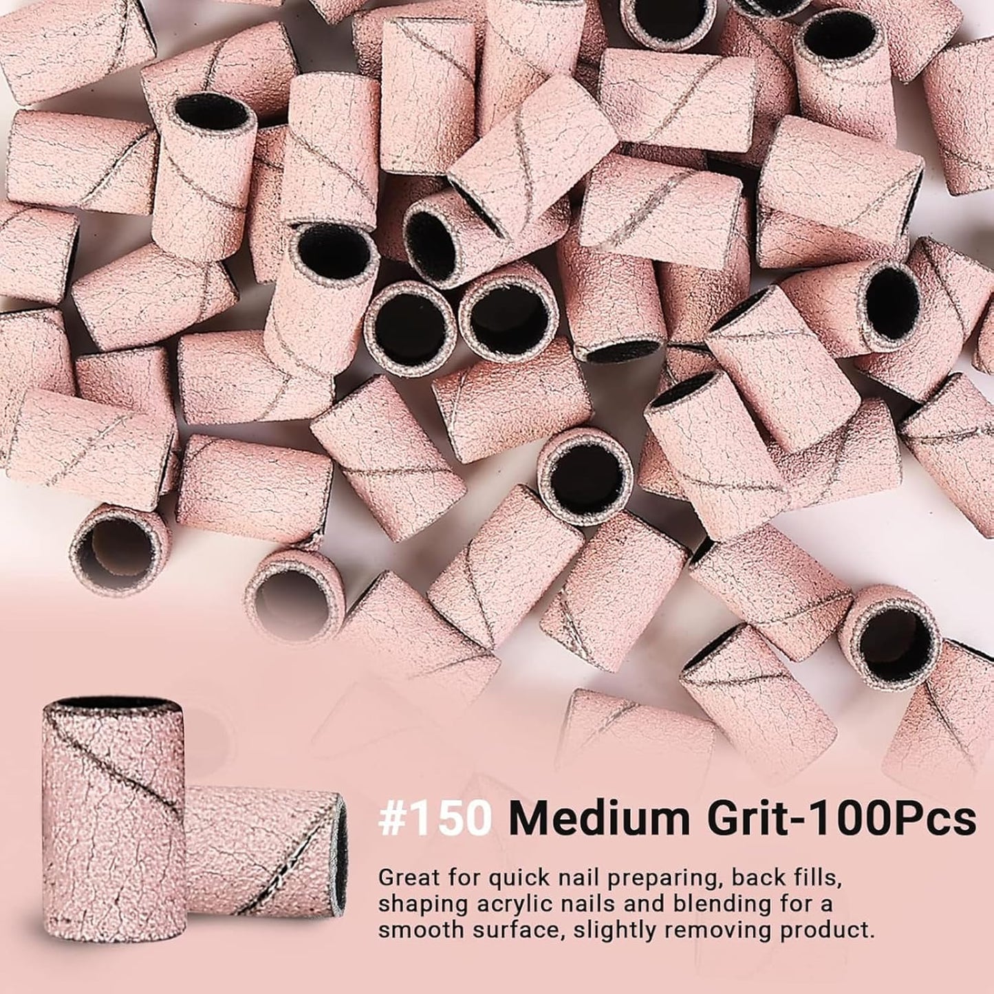 MelodySusie 100 Pcs Nail Drill Bits Sanding Bands for Nail Drill 150 Medium Grit Nail File Sanding Bands for Acrylic Nails Gel Manicures and Pedicure