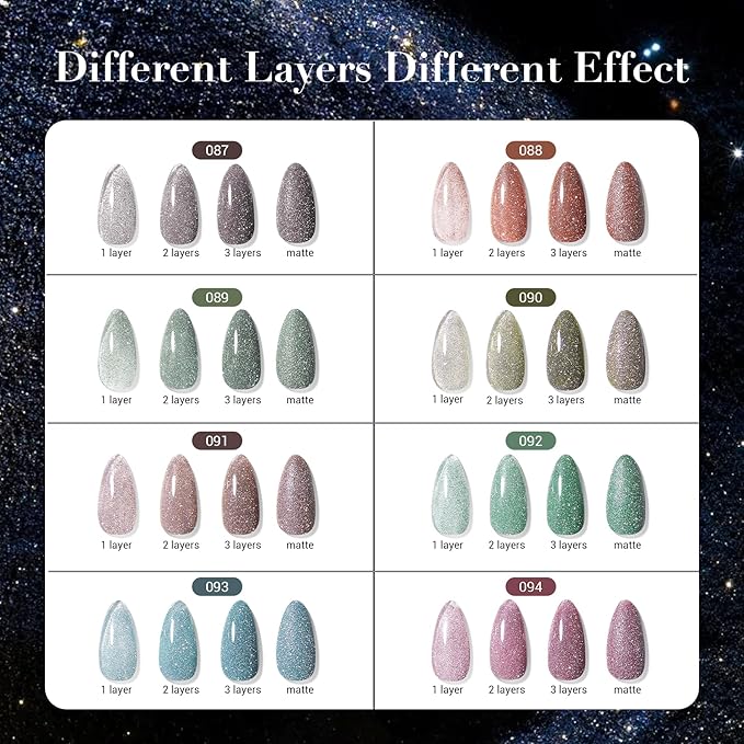 AZUREBEAUTY Reflective Nail Polish Set, 8 Colors Glitter Sparkly Shiny Green Silver Pink Quick Dry Natural Nail Lacquer Strengthening Treatment DIY Manicure Nail Salon