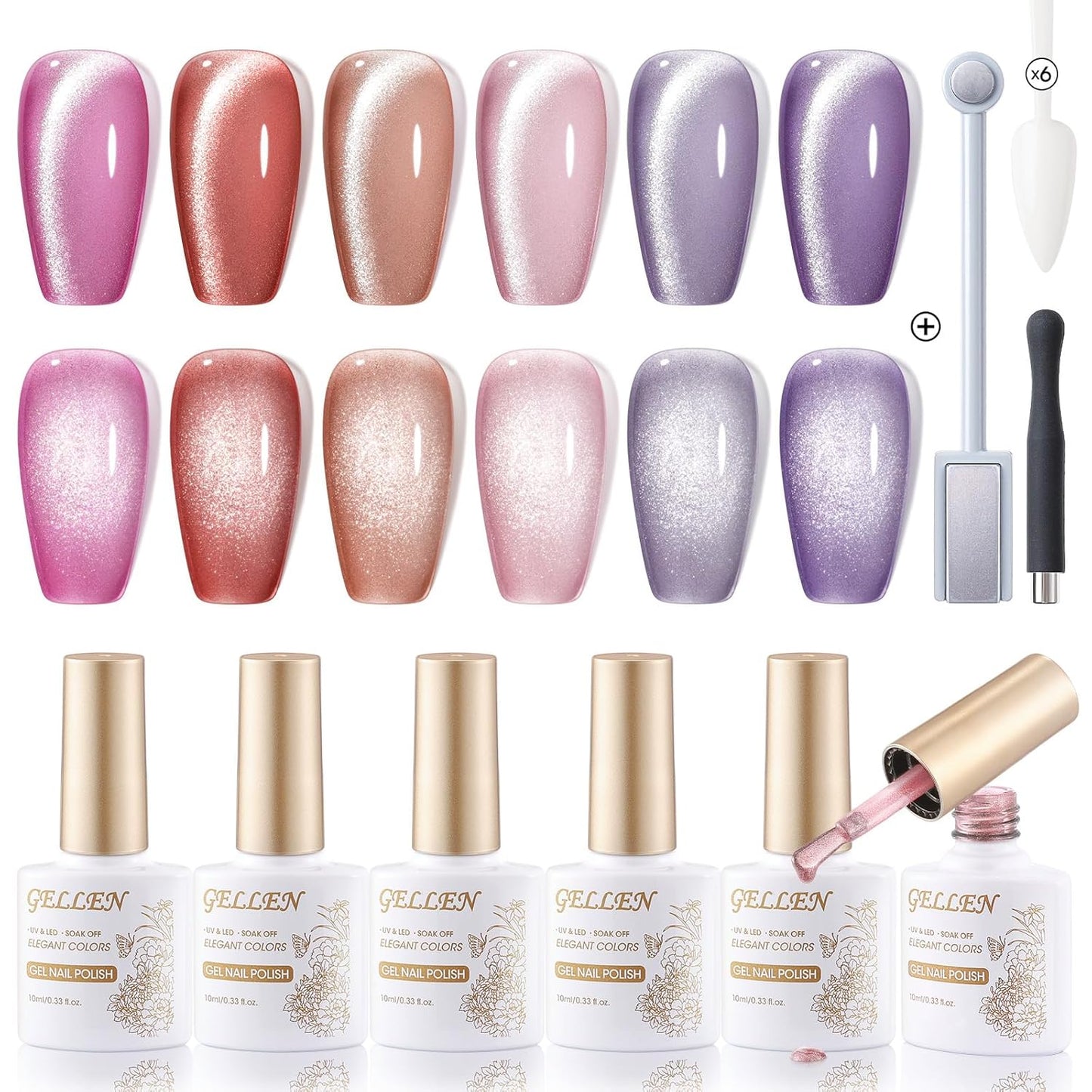 Gellen Cat Eye Gel Polish Set - 6 Holographic Glitter Colors with Magnet Sparkle - Purple, Pink, Red - Nail Art Home Salon Gel Manicure Kit for Women & Girls