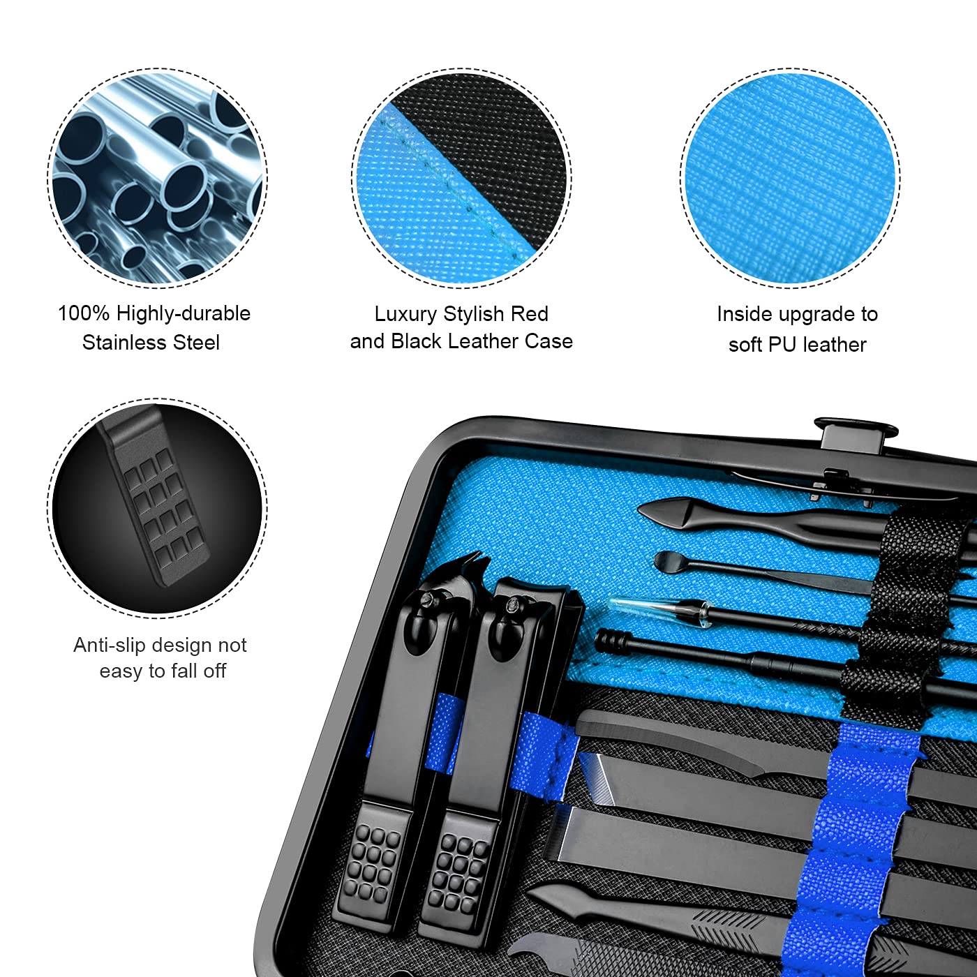 Professional Stainless Steel Nail Clipper Travel & Grooming Kit Nail Tools Manicure & Pedicure Set of 18pcs with Luxurious Case (Black/Blue)