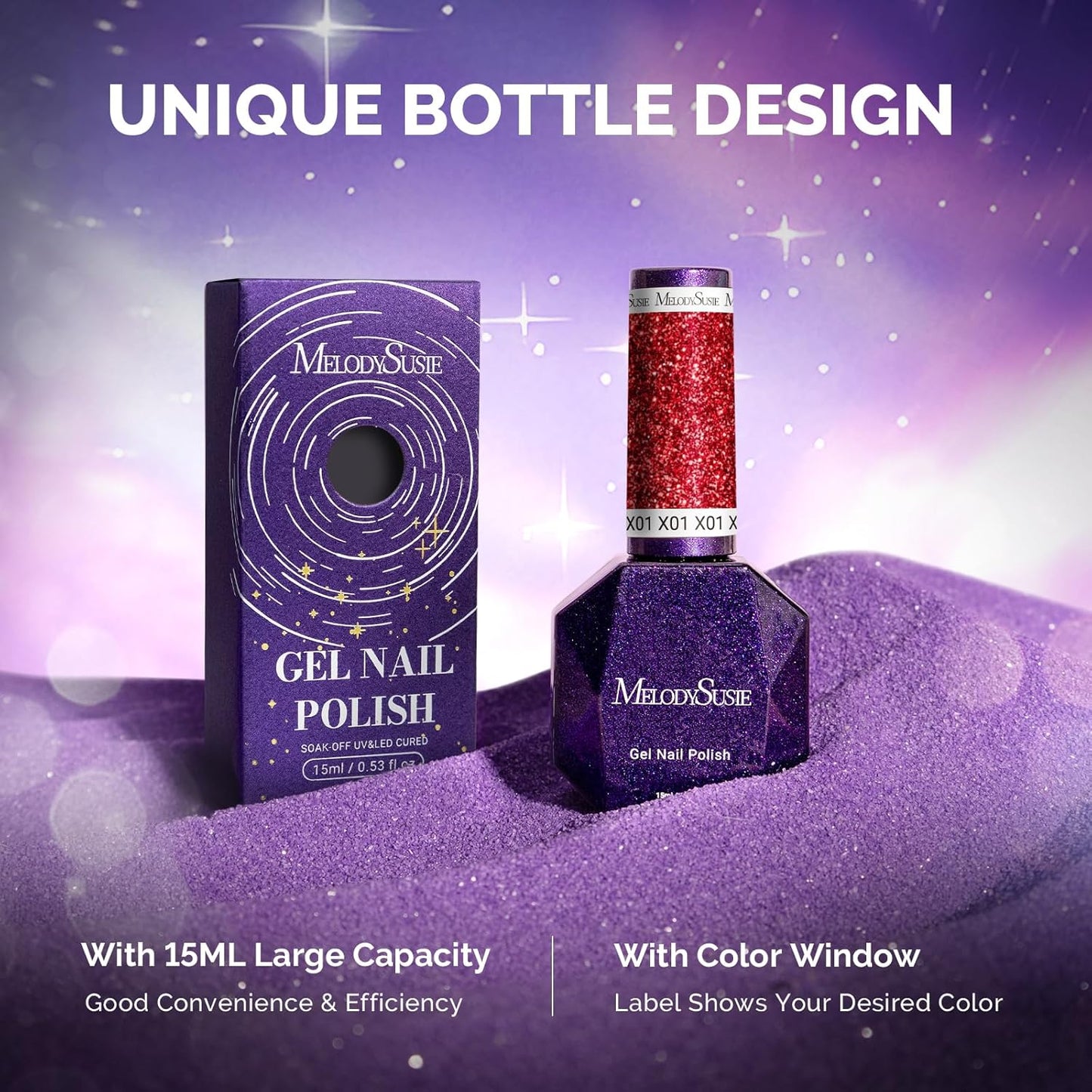 MelodySusie Galaliver Glitter Gel Nail Polish, 15ML Sparkly Shimmer Gel Polish Soak Off UV LED Cured Long Lasting Gift for Women DIY Nail Design Nail Art Manicure Hot Red X01