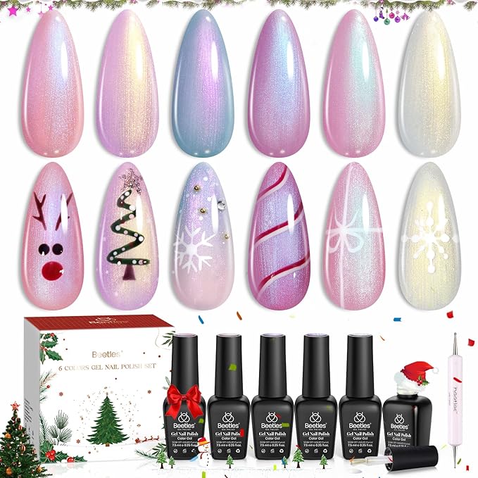 Beetles Christmas Gel Nail Polish Set – Dreamscape in Snow Pearl Gel Polish, 6 Color Winter Pink Purple Blue Yellow Festive Gel Nail Kit, Soak Off UV LED Nail Drawing Manicure Holiday Gift for Women