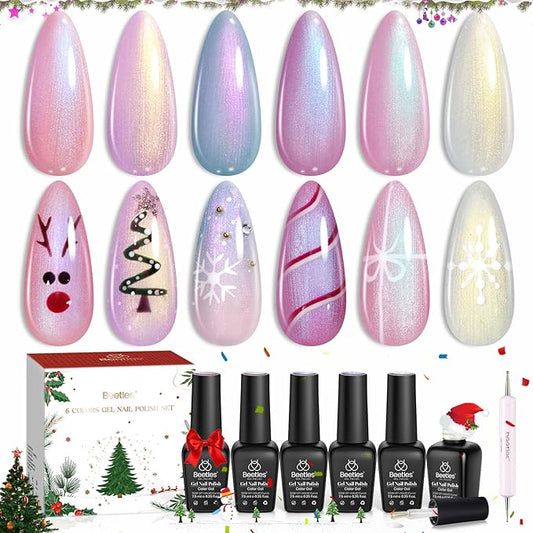 Beetles Christmas Gel Nail Polish Set – Dreamscape in Snow Pearl Gel Polish, 6 Color Winter Pink Purple Blue Yellow Festive Gel Nail Kit, Soak Off UV LED Nail Drawing Manicure Holiday Gift for Women