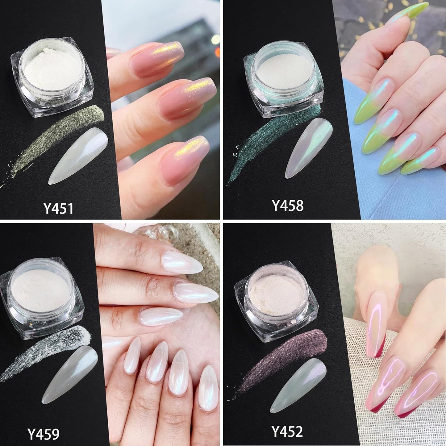 White Pearl Chrome Nails Powder 6 Colors Moonlight Chrome Nail Powders Kit Glitter Dust Pearlescent Mirror Effect Nail Art Pigment Mermaid Pearl White Pink Yellow DIY Manicure Pigments