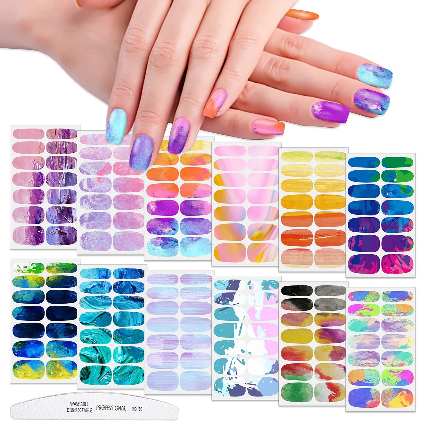 WOKOTO 12 Sheets Aurora Nail Polish Stickers Full Wraps for Women - Graffiti Gradient Gel Nail Strips Nail Polish Strips for Women Girls Nail Art Peel and Stick On Nail Gel Stickers