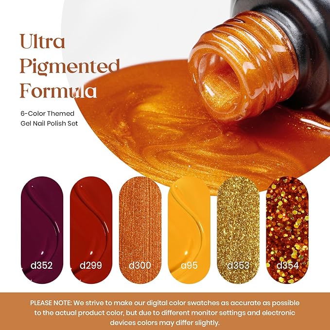 beetles Gel Polish Set Fall Gel Nail Polish 6 Colors Burgundy Brown Yellow Glitter Orange Gold Nail Polish UV LED Nail Lamp Home DIY Manicure Nail Art Gift for Women Golden Blessing