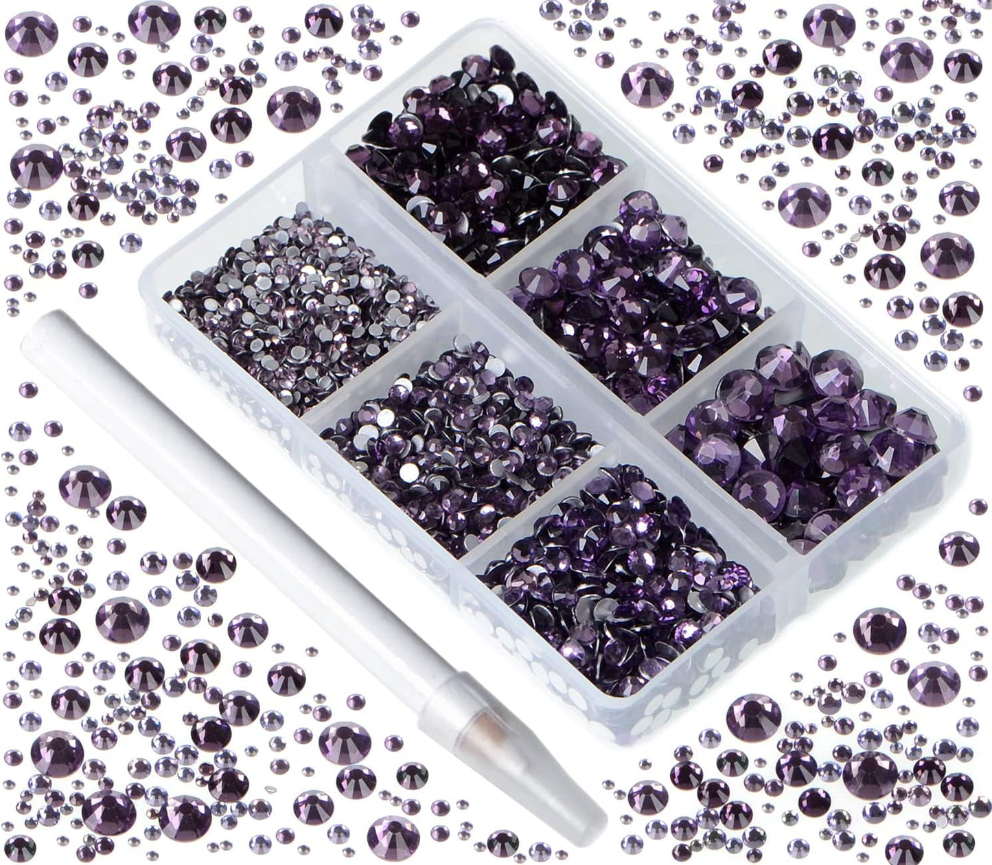 Bymitel 5000 Pieces 6 Mixed Sizes Glue Fix on Glass Rhinestones Round Crystal Gems Flatback for DIY Jewelry Making with one Picking Pen(6-Sizes 5000PCS, Tazanite)