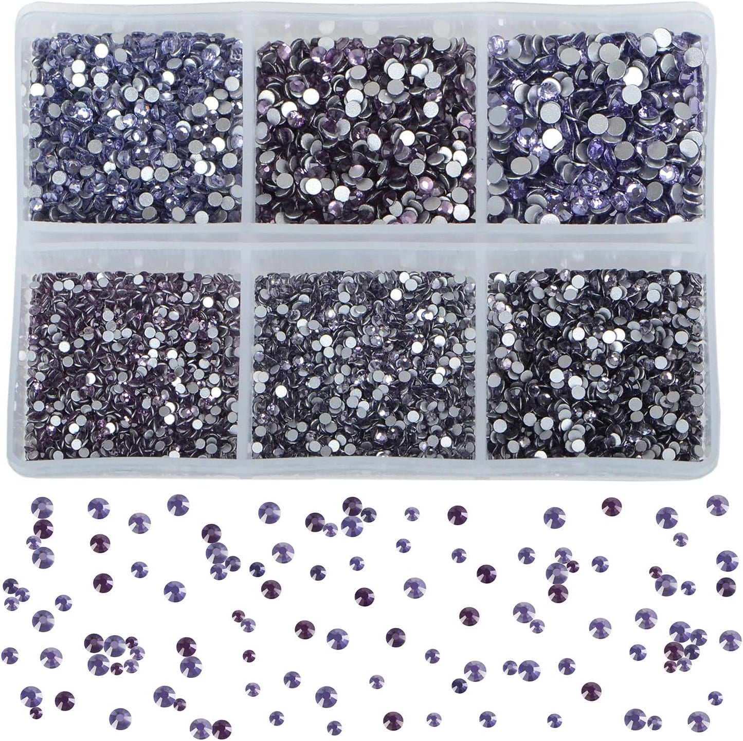 Bymitel 7200 Pieces 6 Mixed Sizes Glue Fix on Glass Rhinestones Round Crystal Gems Flatback for DIY Jewelry Making with one Picking Pen(6-Sizes 7200PCS, Tazanite)