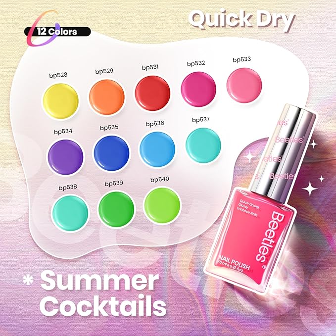 Beetles Neon Nail Polish Set - Quick Dry Nail Polish Kit 12 Colors Hot Pink Green Blue Yellow Red Regular Air Dry Fingernail Polish Pack for Women Christmas Gift Beetles Cocktails 12 Colors