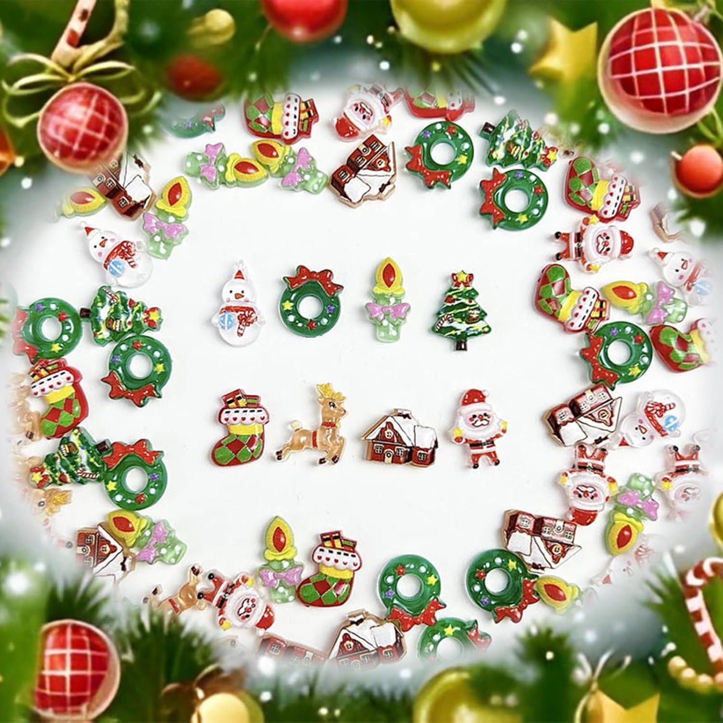 50Pcs Christmas Resin Nail Art Charms 3D Mixed Xmas Tree Santa Claus Nail Charms Cartoon Elk Bells Snowman Sock Candle House Nail Art Rhinestones Small Cartoon Nail Jewelry DIY Nail Decor