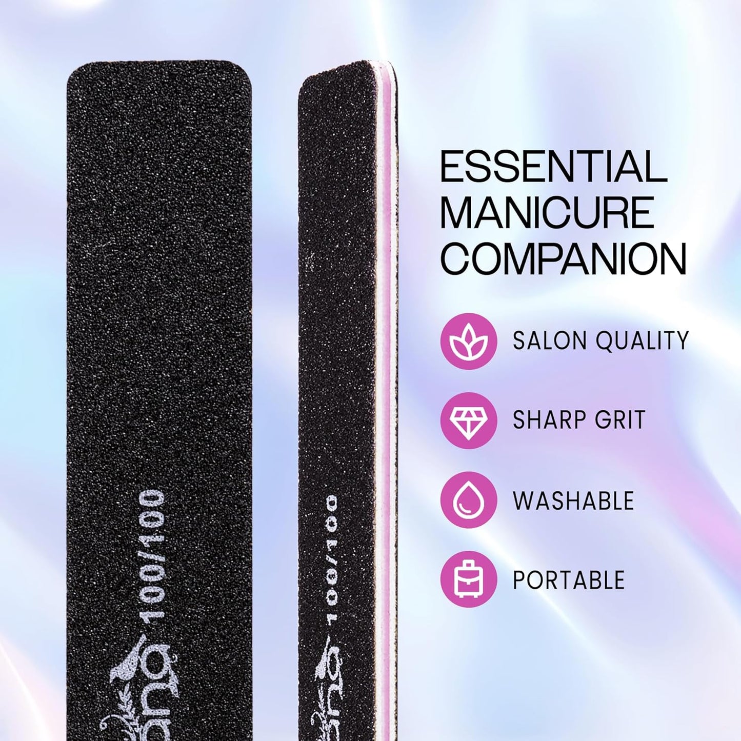 PANA Jumbo Double-Sided Emery Nail File for Manicure, Pedicure, Natural, and Acrylic Nails - Black (Grit 100/100) - 50 Piece Pack