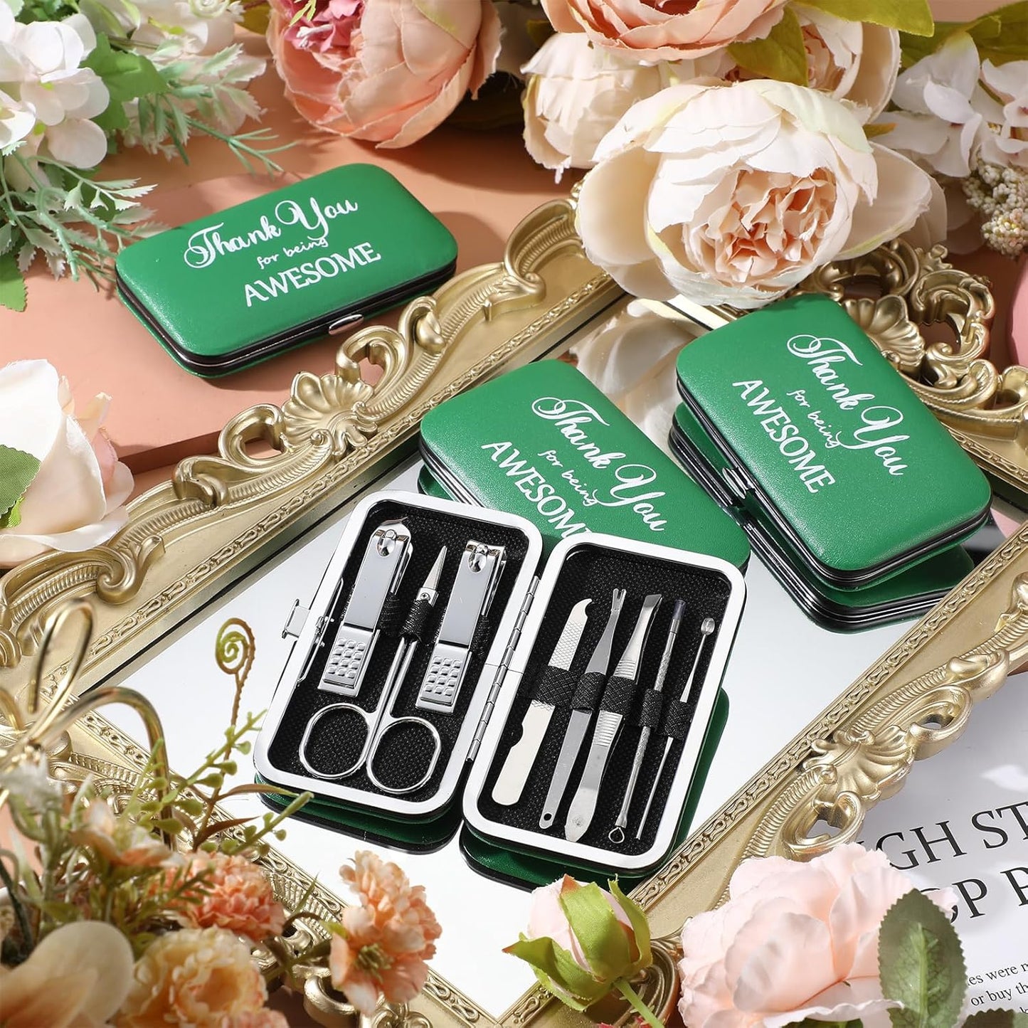 Therwen 24 Sets Manicure Set Nail Clippers 8 in 1 Stainless Steel Grooming Nail Kit Thank You Appreciation Gift Professional Pedicure Tool for Men Women Personal Care(Green)