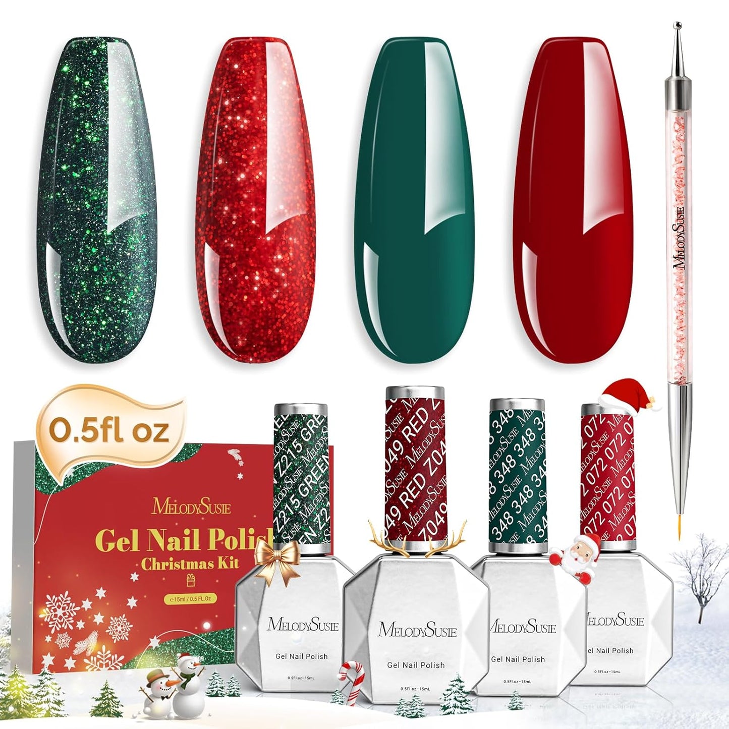 MelodySusie 15ML Christmas Gel Nail Polish Set: Christmas 4 Colors Green and Red Gel Polish Nails Soak Off UV LED Christmas Gel Polish Set Gifts for Women Girls Nail Art Manicure Salon DIY Nail Design