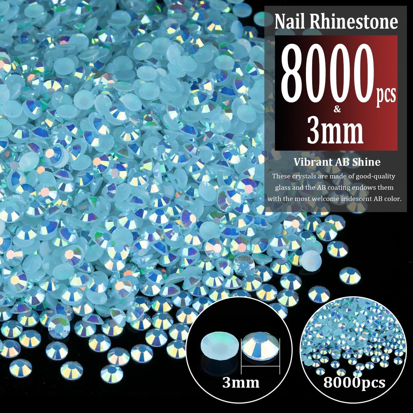 8000pcs 3mm Resin Rhinestones Bulk, Lake Blue AB Flatback Round Jelly Rhinestones Bedazzling Non Hotfix Crystal Gems Large Quantity Wholesale for DIY Crafts Clothes Tumblers Face Makeup Manicure