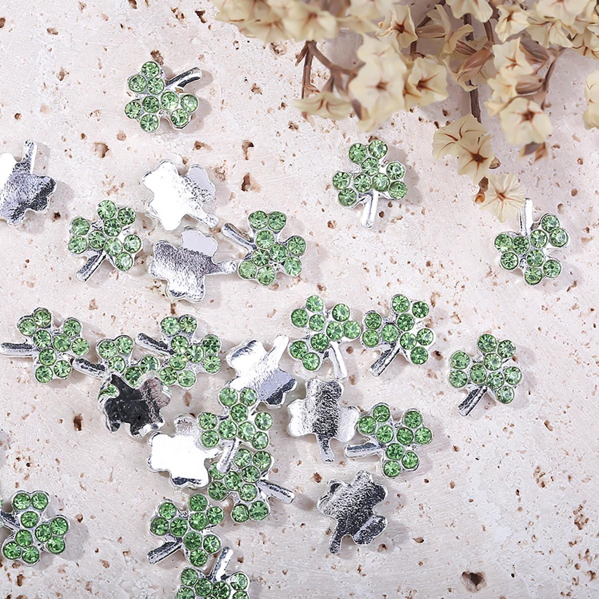 20Pcs Shamrock Nail Charms and Gems 3D Metal St Patricks Nail Charms with Diamond Design Irish Clover Nail Rhinestone Charms Alloy Green Charms Decoration for Women Girls