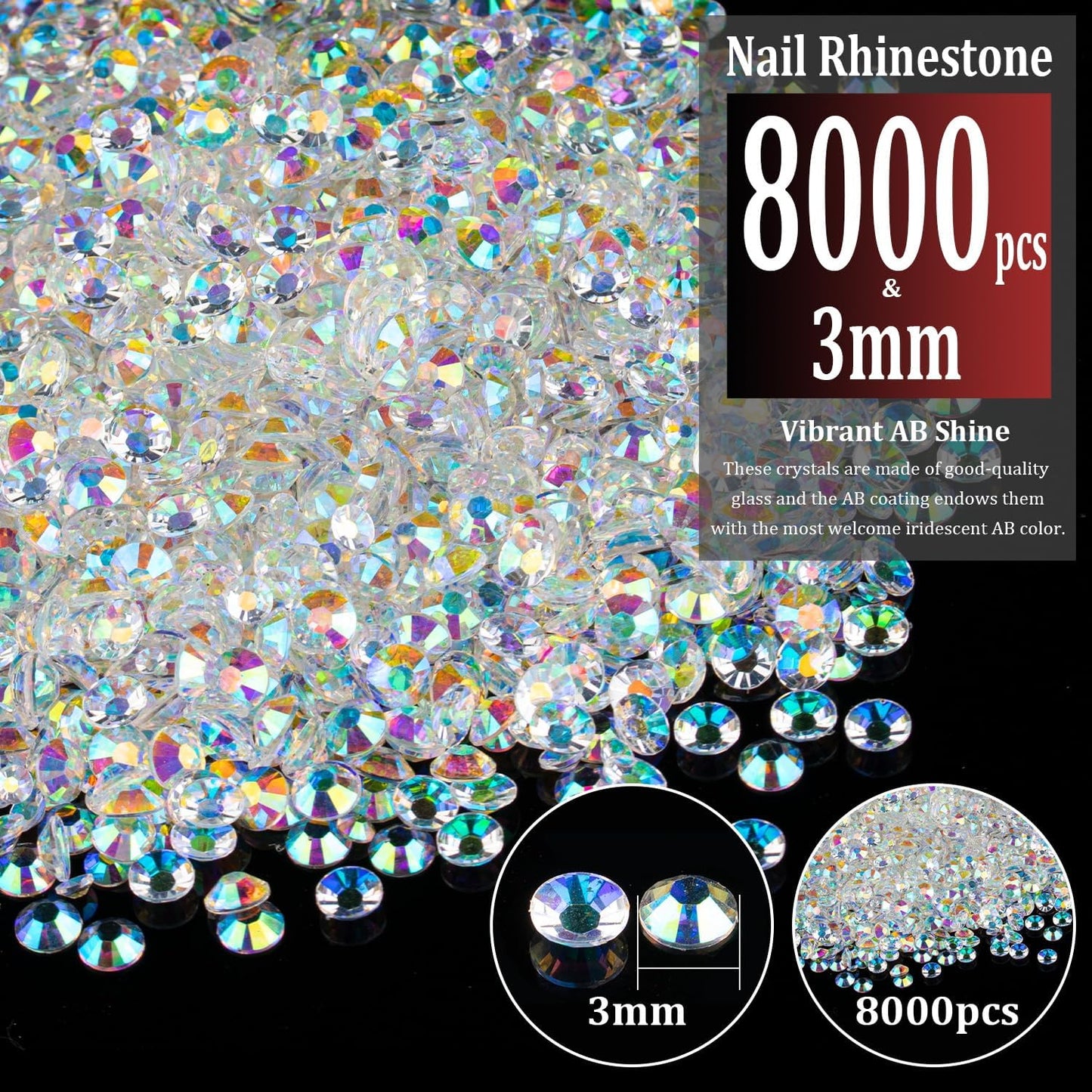 8000pcs 3mm Resin Rhinestones Bulk, Transparent AB Flatback Round Jelly Rhinestones Bedazzling Non Hotfix Crystal Gems Large Quantity Wholesale for DIY Crafts Clothes Tumblers Face Makeup Manicure