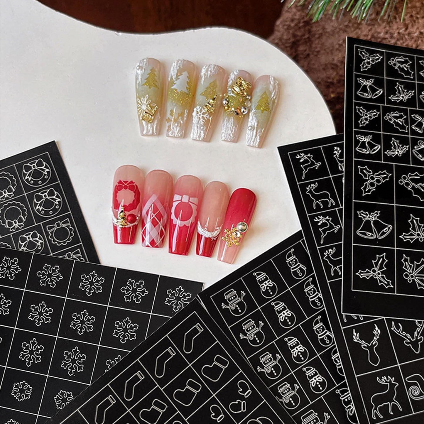 Christmas Nail Stickers Airbrush Stencils Stickers for Nail Art Self Adhesives with Snowman Snowflower Deer Bell Wreath Socks Designs Supplies Design Nail Guide for Manicure Nails Decoration 6 Sheets