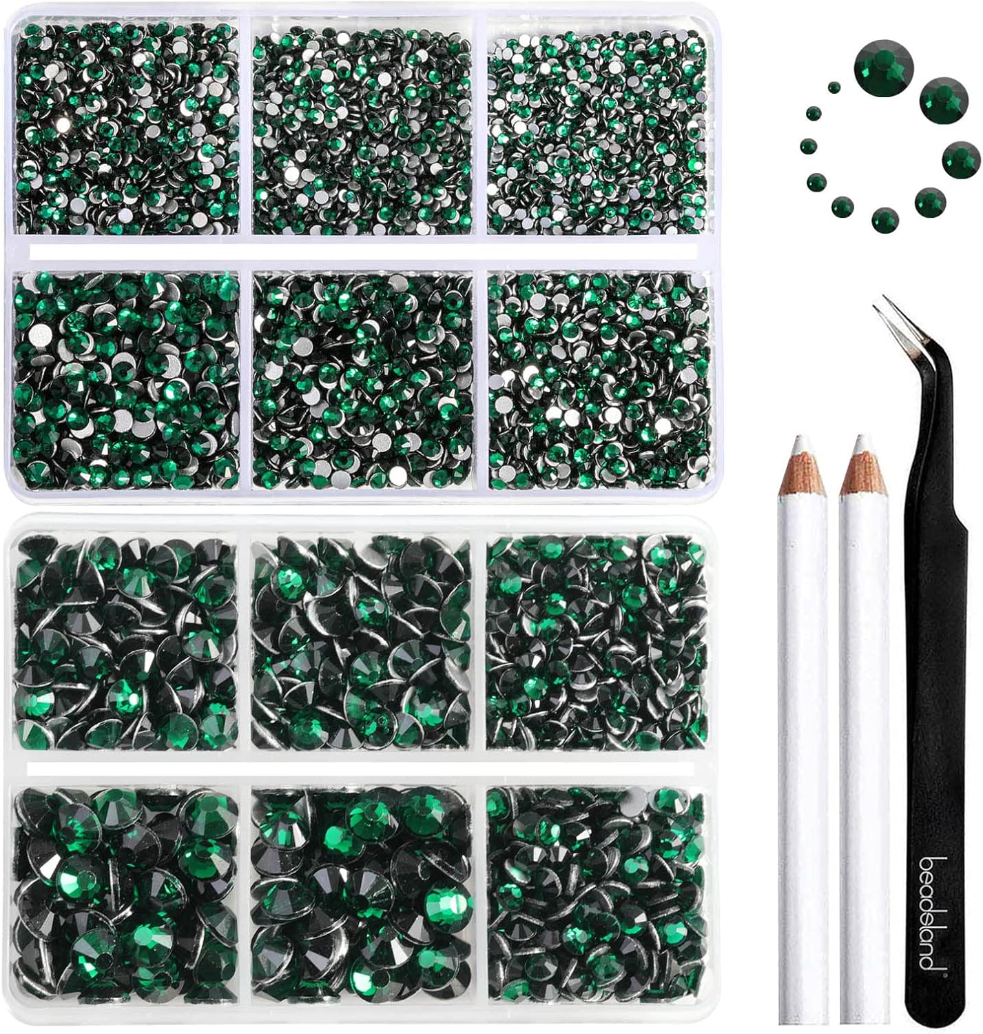 Beadsland 8300PCS Flatback Rhinestones, Green Rhinestone Round Crystal Rhinestones for Crafts, Mixed 10 Sizes with Wax Pencil and Tweezer Kit, SS3-SS30, Emerald