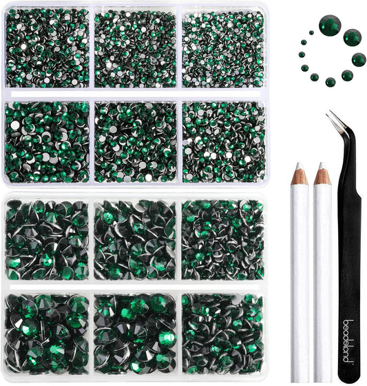 Beadsland 8300PCS Flatback Rhinestones, Green Rhinestone Round Crystal Rhinestones for Crafts, Mixed 10 Sizes with Wax Pencil and Tweezer Kit, SS3-SS30, Emerald