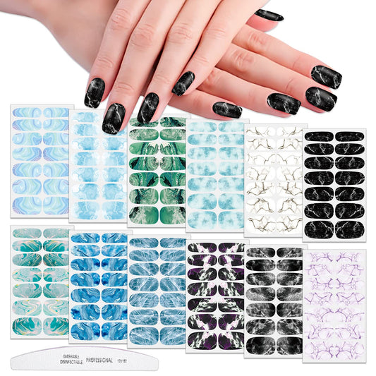 WOKOTO 12 Sheets 168 Pcs Marble Nail Stickers Full Nail Wraps Gradient Nail Wraps For Women Nail Polish Strips Stick On Nail Polish Stickers For Nails Gel Nail Stickers For Nails Strips Gel Nail Wraps