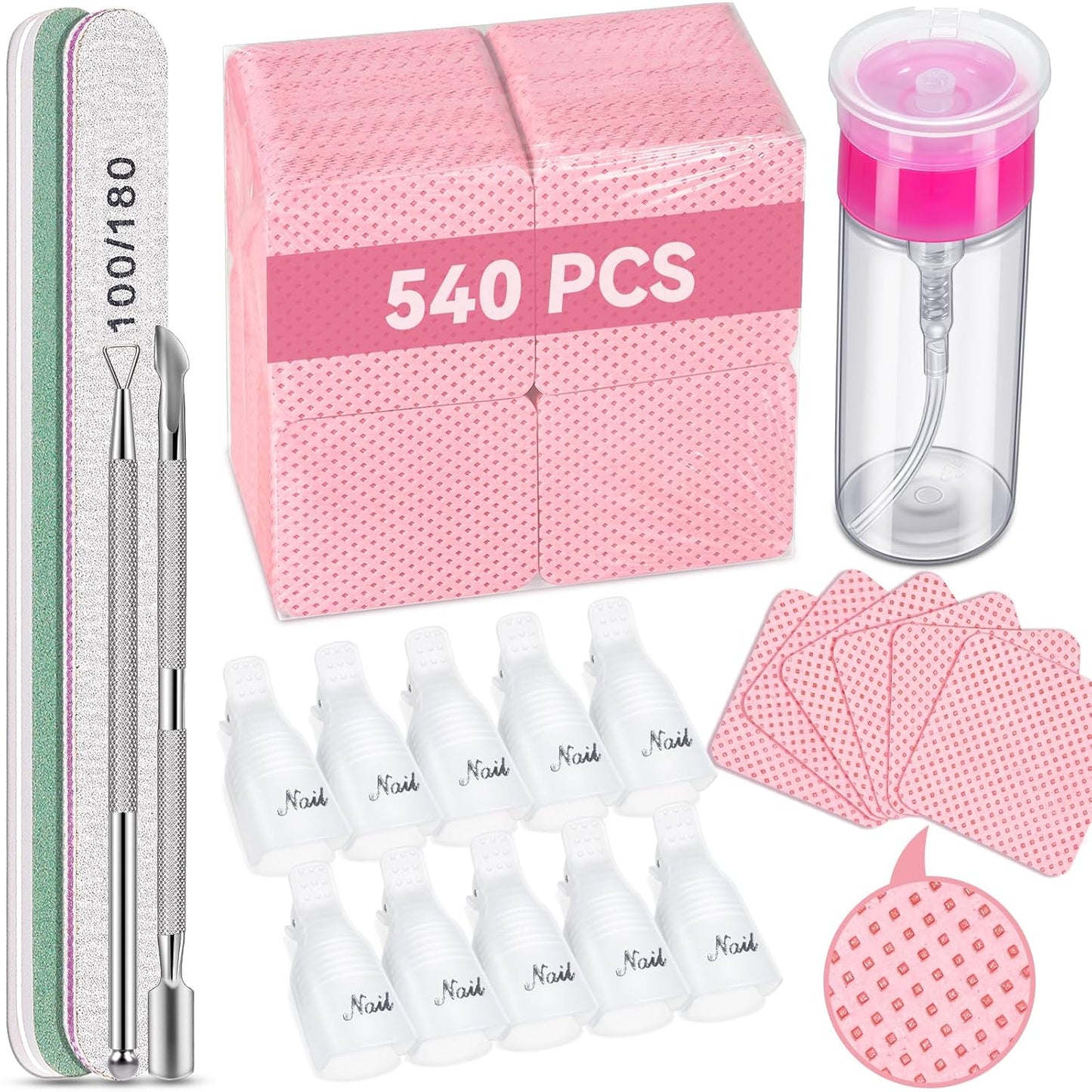 TsMADDTs Gel Nail Polish Remover Kit with Lint Free Wipes, Nail Soak Off Clips, 100ml Nail Polish Remover Bottle, Cuticle Pusher/Peeler, File, Buffer Block