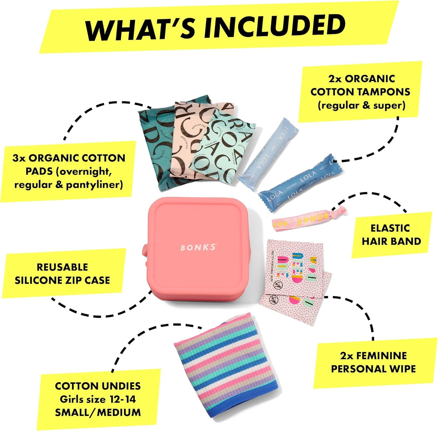 BONKS GoGo Kit - Emergency Tween Period Kit - Portable Menstrual Pouch for Women - Essential Women's Travel Kit - Includes Pads, Tampons, Underwear & More - Female Hygiene Care - S/M (12-14)