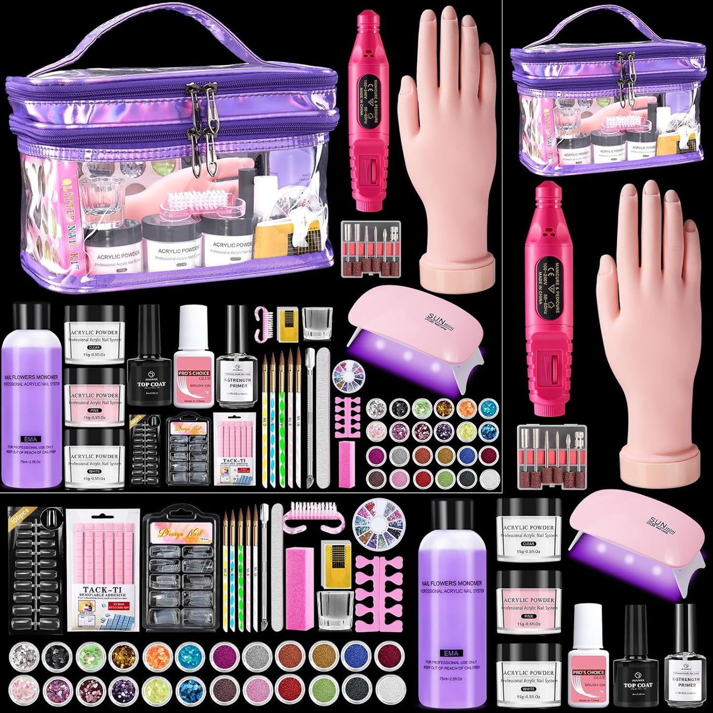 Nail Kit for Beginners with Everything: Professional Nail Acrylic Powder Liquid Set with Practice Hand Drill U V Light in Cosmetic Bag for Women Salon Home(Purple)