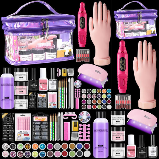 Nail Kit for Beginners with Everything: Professional Nail Acrylic Powder Liquid Set with Practice Hand Drill U V Light in Cosmetic Bag for Women Salon Home(Purple)