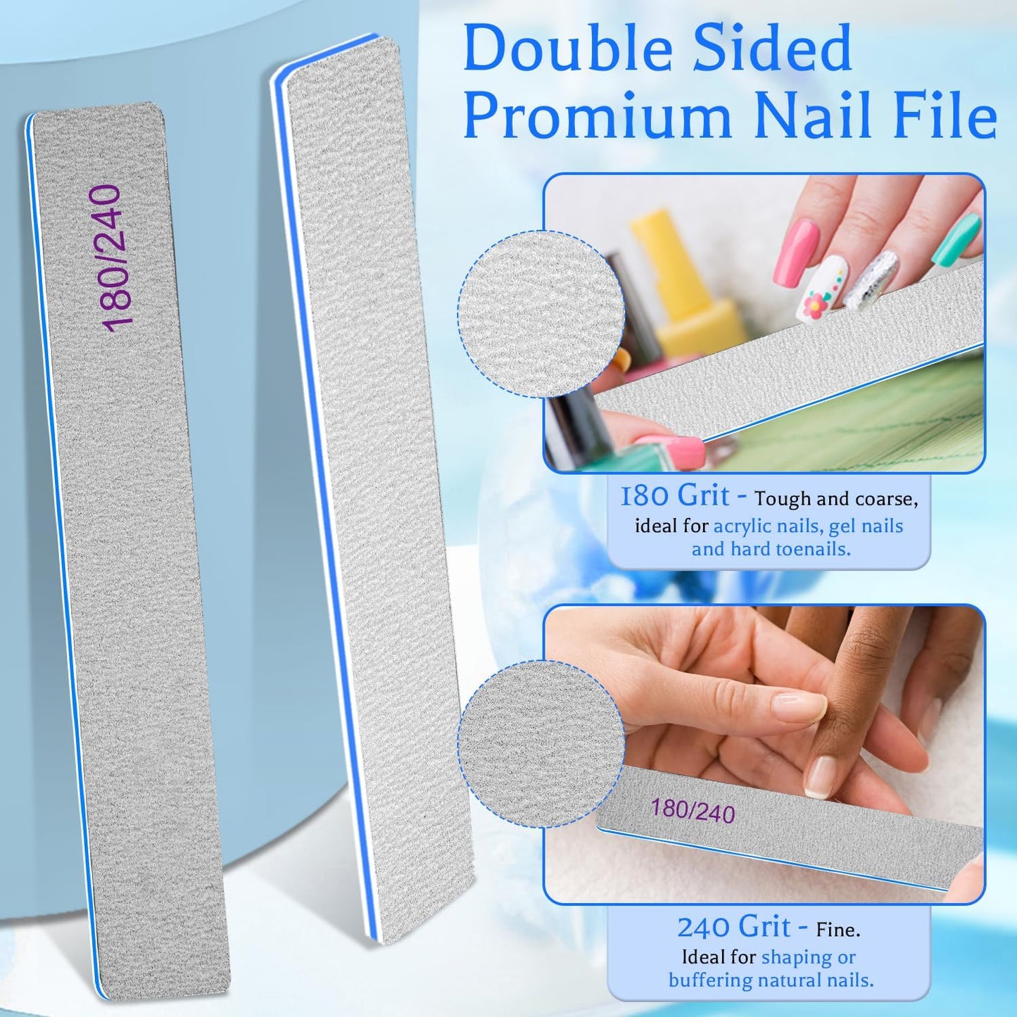 BLESWIN 25 Count 180/240 Grit Rectangle Nail Files for Acrylic Nails, Super Rough Nail Files Emery Boards for Artificial & Fake Nails, Reusable Buffering Files Double Sided Emery Boards for Nails