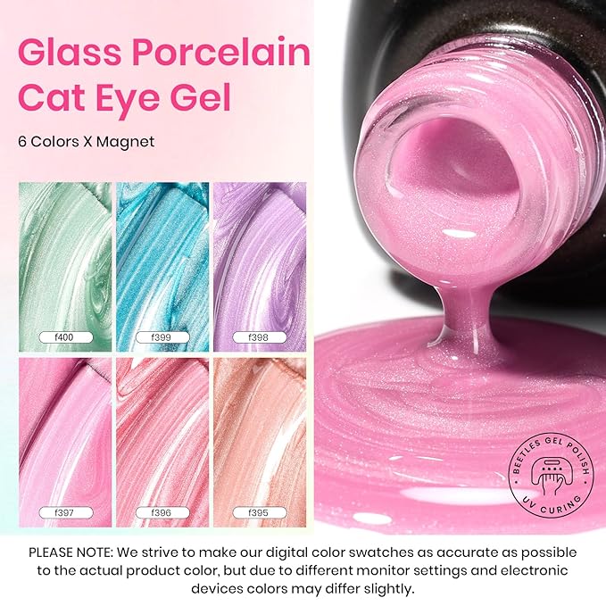 Beetles Cat Eye Gel Nail Polish Set, 6 Summer Colors Pastel Shimmer Glitter Gel Polish Kit Soak Off LED UV Curing Requires Pink Red Blue Orange Green Purple Velvet Gel with Magnet Gift for Women