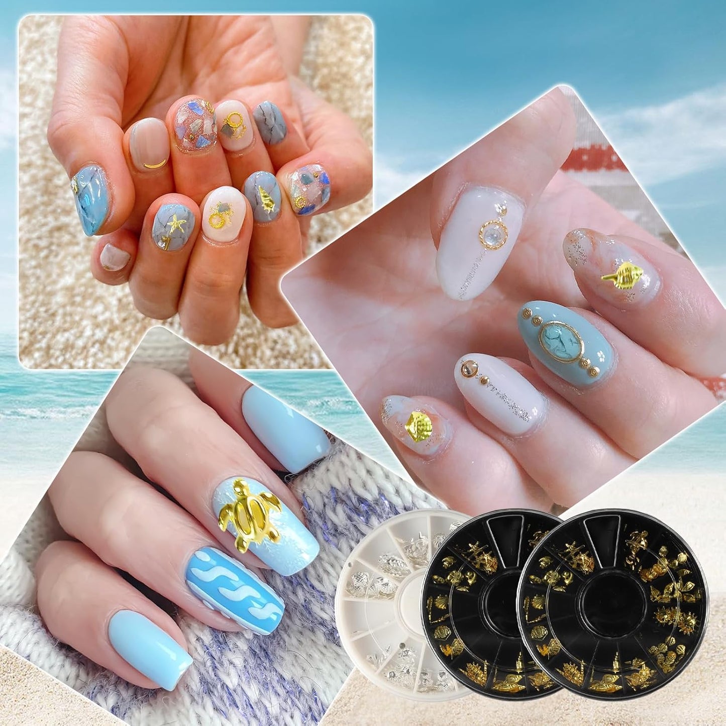 3 Boxes of Starfish Nail Charms, Ocean Nail Charms, Beach Starfish, Sea Shells, 3D Nail Gem Jewelry, Suitable for DIY Manicure (Gold*2, Silver*1)