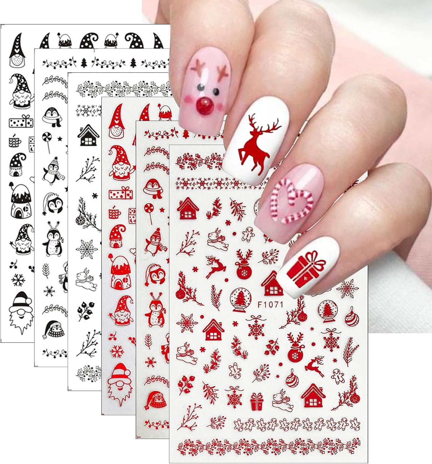 6 Sheets Christmas Nail Art Stickers 3D Self-Adhesive Pegatinas Uñas Navidad Holiday Red black Snowflake Elk Snowmen Xmas Tree Design Winter Supplies Nail DIY Christmas Nail Decoration for Women Girls