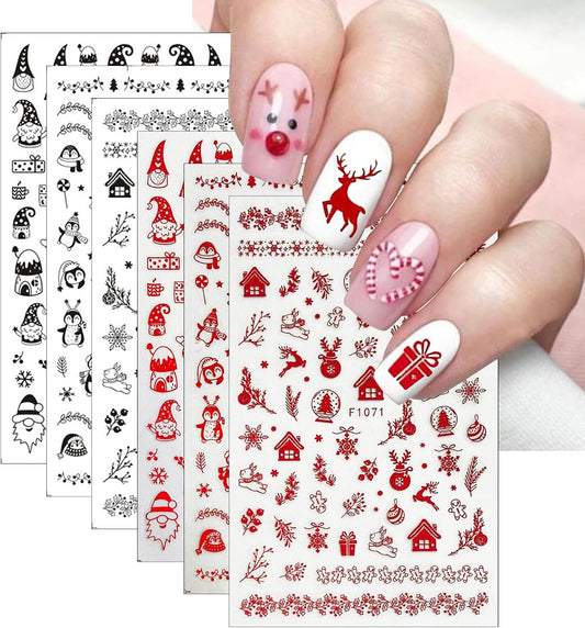 6 Sheets Christmas Nail Art Stickers 3D Self-Adhesive Pegatinas Uñas Navidad Holiday Red black Snowflake Elk Snowmen Xmas Tree Design Winter Supplies Nail DIY Christmas Nail Decoration for Women Girls