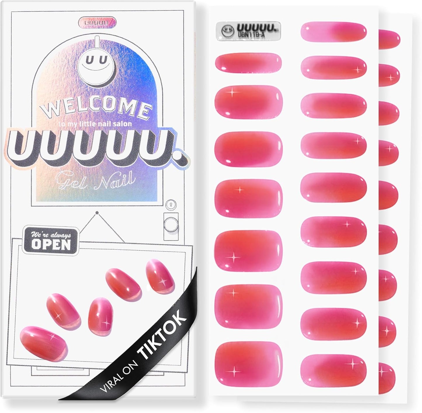 UUUUUU Semi Cured Gel Nail Strips | Salon-Quality | UV Free Gel Nail Wraps for Women | Easy Peel&Stick | Long-Lasting up to 14 Days | 28 Strips Set+File & Wipes | Gift-Ready (UGN160 Tropical Juice)