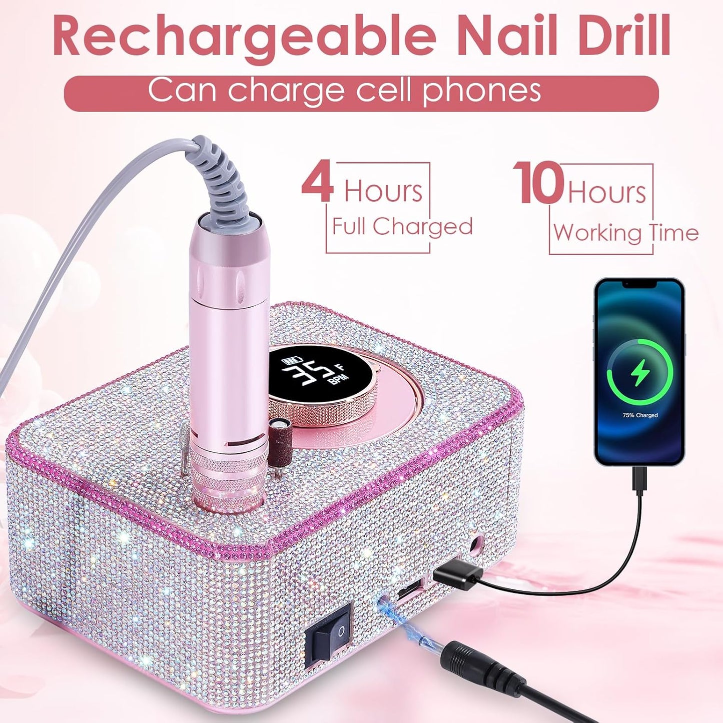 Electric Nail Drill 35000 RPM, Professional Rechargeable Nail File Kit, Nail Drill Machine, Acrylic Nail Kit for Any Manicure, Pedicure, Ideal Nail Art Tools, Designed for Salon, Home