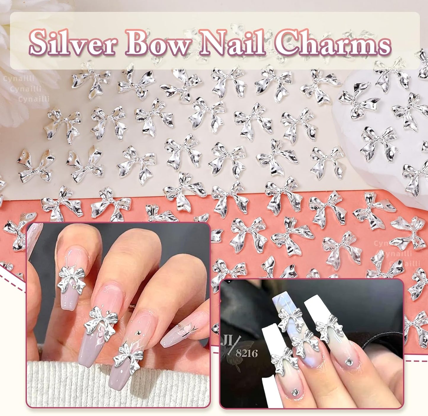 80 Pcs Sliver Bow Nail Gems Charms, 3D Bowknot Nail Charms for Alloy Nails, Cute Bow Tie Nail Jewelry Charms, Shiny Luxury Metal Nail Bow Charms for Nail Art Design Accessories