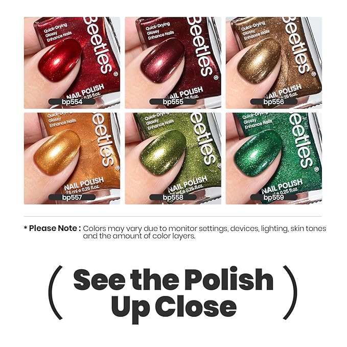 Beetles Fall Nail Polish Set - Glamour Era 6 Colors Quick Dry Glitter Burgundy Red Gold Green Yellow High-Gloss Long-Lasting Nail Polish for DIY At-Home Manicure Christmas Gift for Women