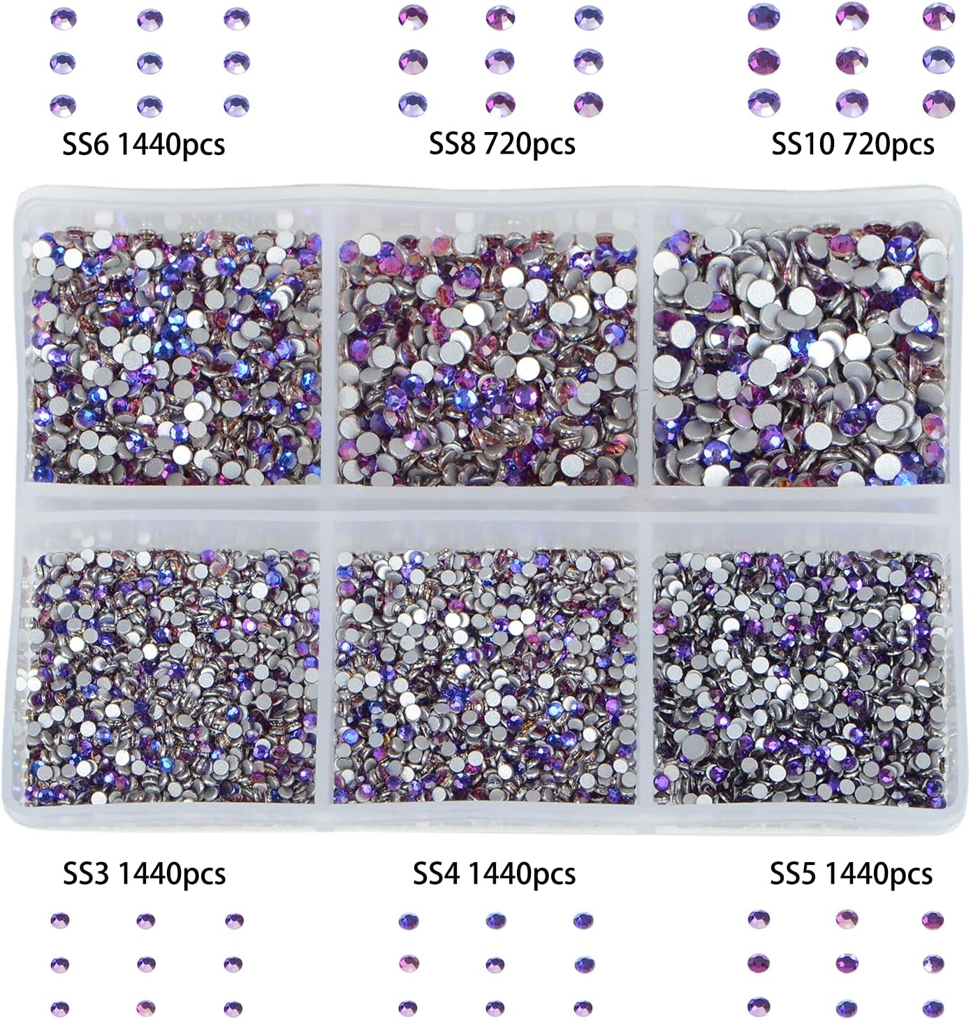 Bymitel 7200 Pieces 6 Mixed Sizes Glue Fix on Glass Rhinestones Round Crystal Gems Flatback for DIY Jewelry Making with one Picking Pen(6-Sizes 7200PCS, Purple Velvet)