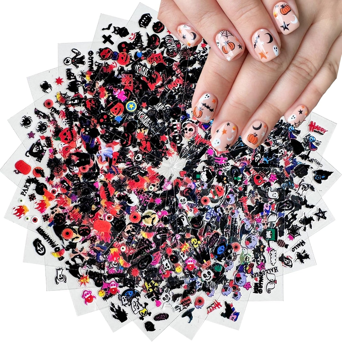 24 Sheets Halloween Nail Art Stickers 3D Self-Adhesive Nail Decals Scary Ghost Face Nail Supplies Spider Web Skull Witch Bat Designs Acrylic Nail Accessories for Women Kids DIY Manicure Decorations