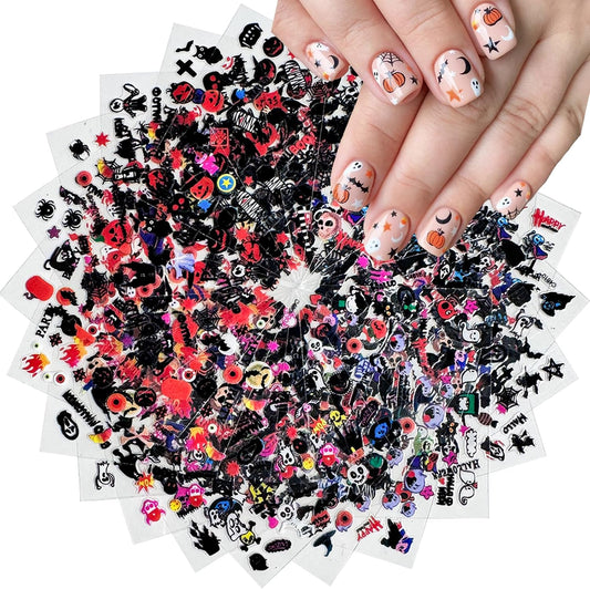 24 Sheets Halloween Nail Art Stickers 3D Self-Adhesive Nail Decals Scary Ghost Face Nail Supplies Spider Web Skull Witch Bat Designs Acrylic Nail Accessories for Women Kids DIY Manicure Decorations