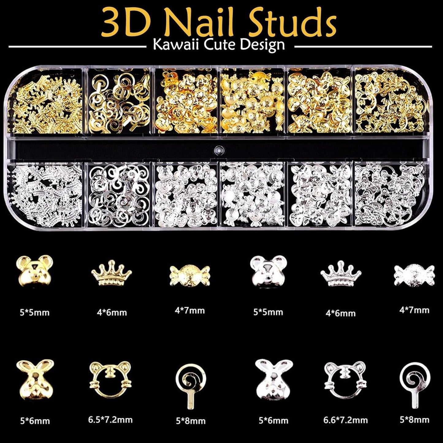3D Nail Charms and Gems Kit, Color Candy Bow Bees Bear Animals Cartoon Nail Art Charms,Flatback Gems+Gold Bow Nail Studs+Gravel Diamond,Mixed Nail Rhinestones Manicure Kit Nail Art DIY Decoration