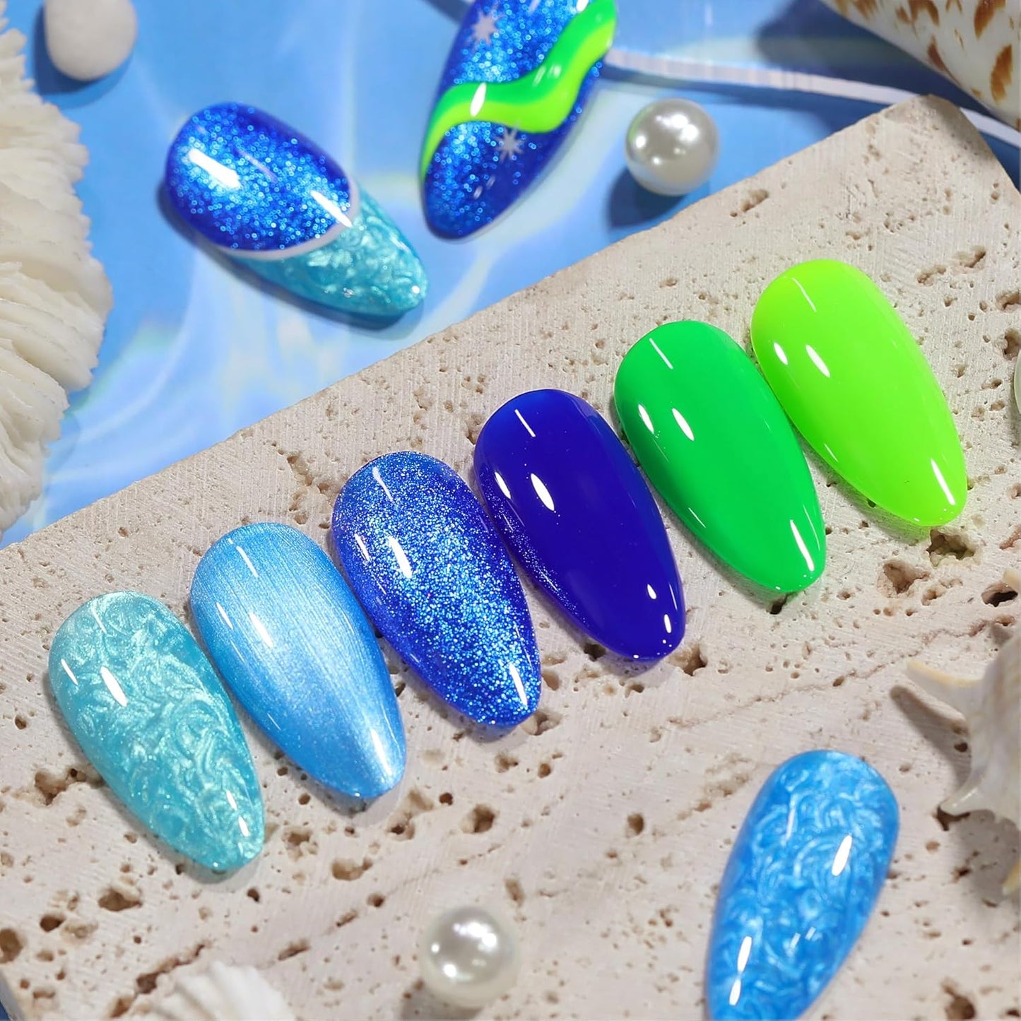 BORN PRETTY 6 Colors Shimmer Swirl Pacific Blue Glitter Blue Green Gel Polish Swirl Shell Thread Effect Soak Off Nail Art Design Salon Home Manicure Gift