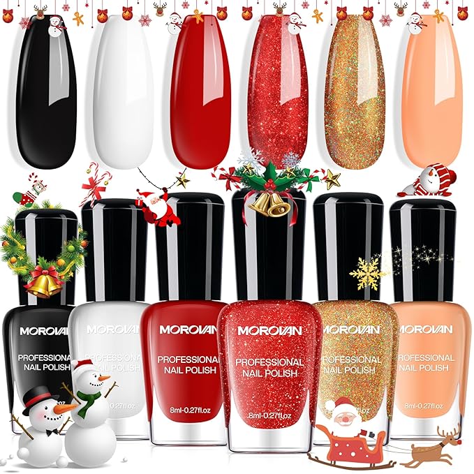 Morovan Nail Polish Set Fingernail: Red Black White Glitter Christmas Bright Nude Gold Nail Polish Kit Shimmer Sparkle Air Quick Dry Nail Pack for Nail Art Manicure 2025 Summer Holiday Gift for Women