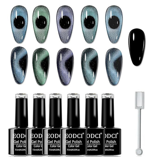 Blue Tears Cat Eye Gel Nail Polish, 7.5ml*6 with Magnets Stick, Galaxy Chameleon Effect Silky Cat Eye Nail Gel Soak Off Nail Art Salon Manicure Home Ladies Gift