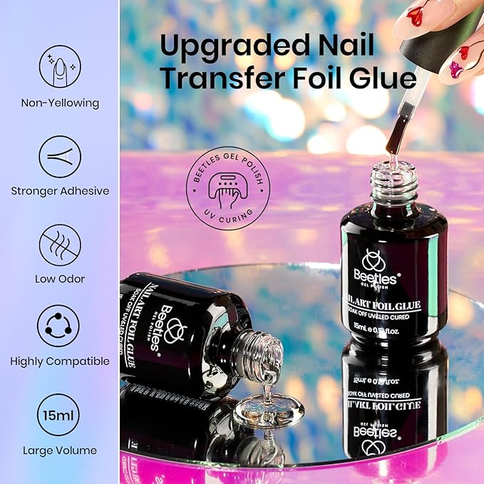 Beetles Nail Foil Art Kit, 20 Pcs Nail Foils Transfer with 30ml Nail Foil Glue Gel for Nails - Metal Holographic Leopard Stickers Gels Nail Polish Set LED Lamp Required Soak Off Manicure Nails Art DIY