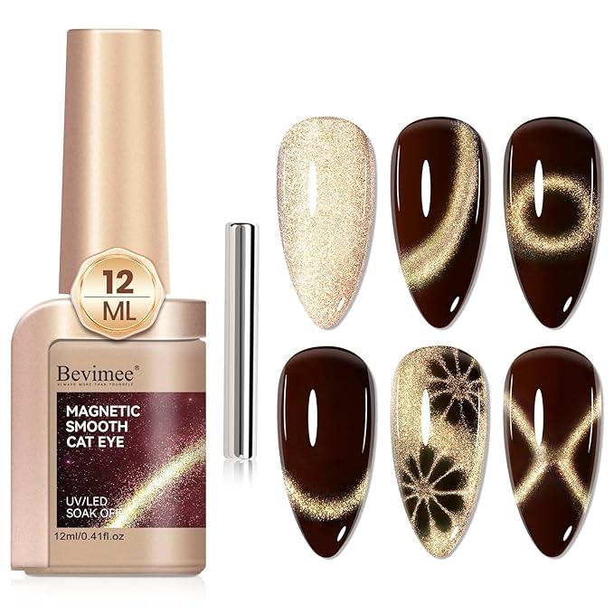 Cats Eye Gel Nail Polish, Dark Brown Magnetic Polish With Magnet, Glitter Holographic Shimmer Cateye Effect, UV Velvet Nail Art Manicure Salon DIY Home, 12ML