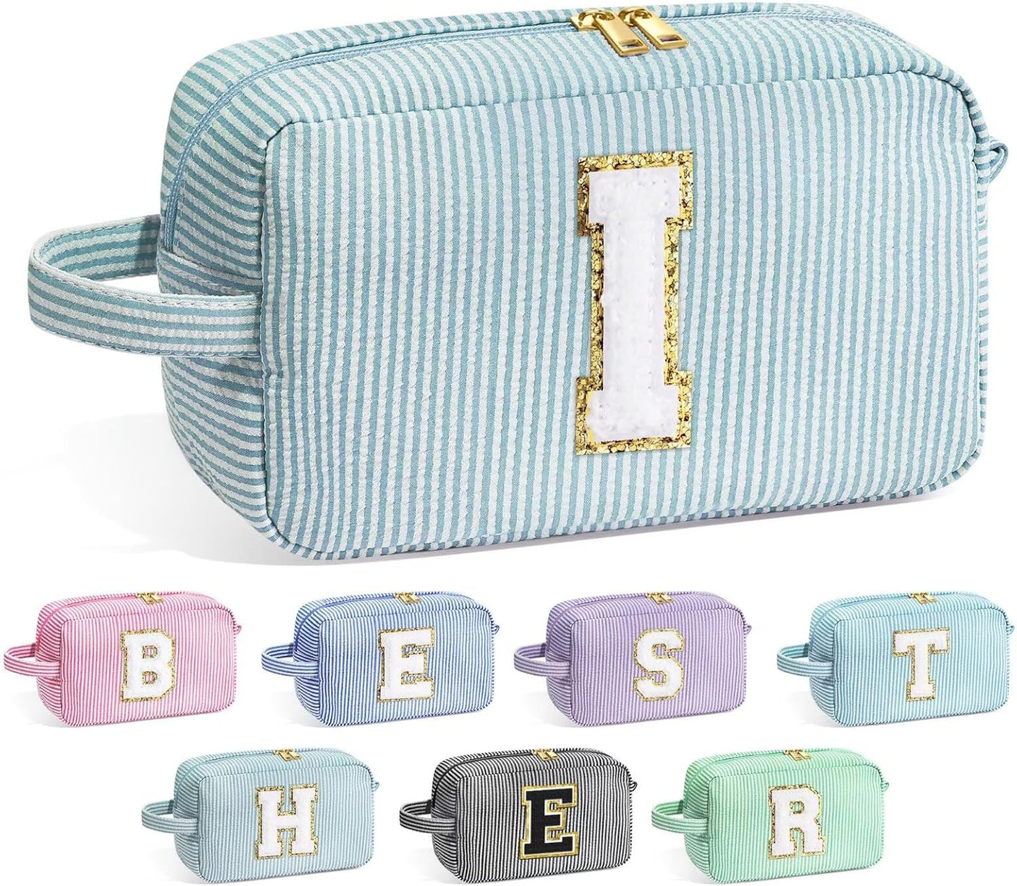 YOOLIFE Gifts for Women, Personalized Birthday Gifts for Women Girlfriend Her Friend Mom Grandma Daughter Wife, Bridesmaid Gifts, Monogram Initial Girls Preppy Makeup Bag, Green I