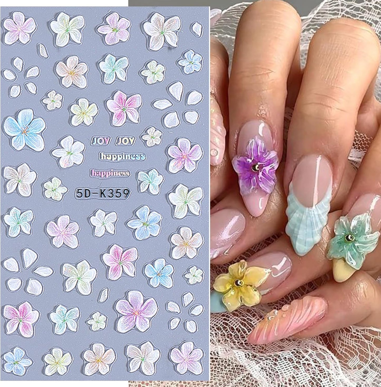 Flower Stickers for Nails Art 6 PCS 5D Hibiscus Nail Decals with 3pcs Tweezers Manicure Tools Colorful Lily Flowers Designs Self-Adhesive Hawaiian Floral Engraved Nail Art Decoration for Women Girls