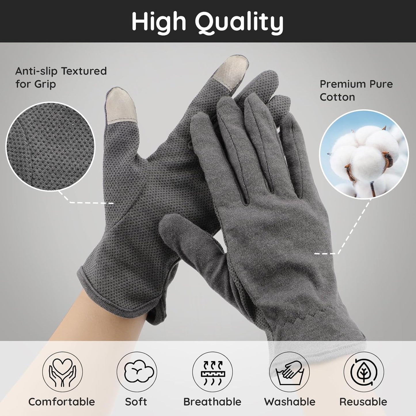 Segbeauty 6 Pairs Cotton Gloves Touchscreen, Hand Moisturizing Gloves Overnight for Women, Finger Touch Screen Moisturizer Gloves for Dry Hand, Non-Slip Cotton Work Gloves Lotion Gloves Gray